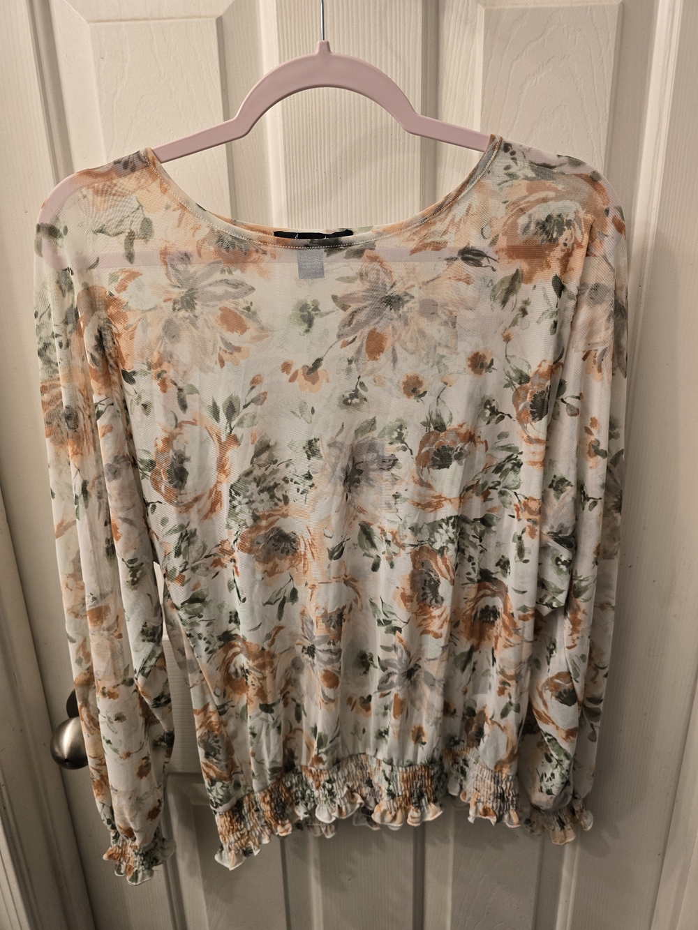 Floral Long-Sleeve Blouse in Peach and Sage